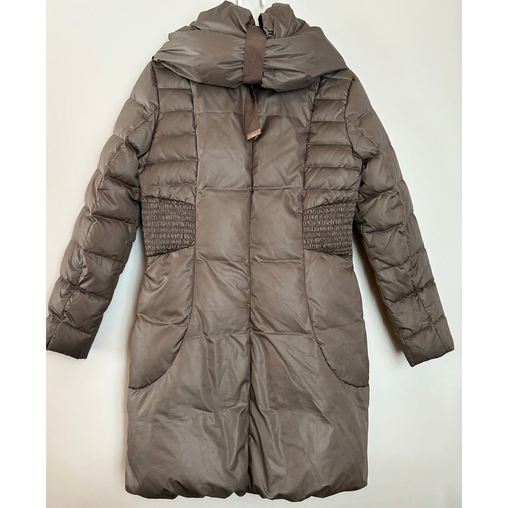 Tahari Coat Womens S Duck Down Long Zip Front Chocolate Brown Puffer Hooded - Picture 4 of 6